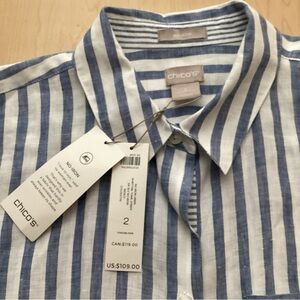 Chico's Women's No-IRON LINEN Striped Shirttail Hem Tunic, size 2 (Large), NWT